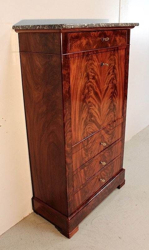 Narrow Secretary In Burl Mahogany Veneer, Restoration   1st Part Of The 19th Century photo for sale