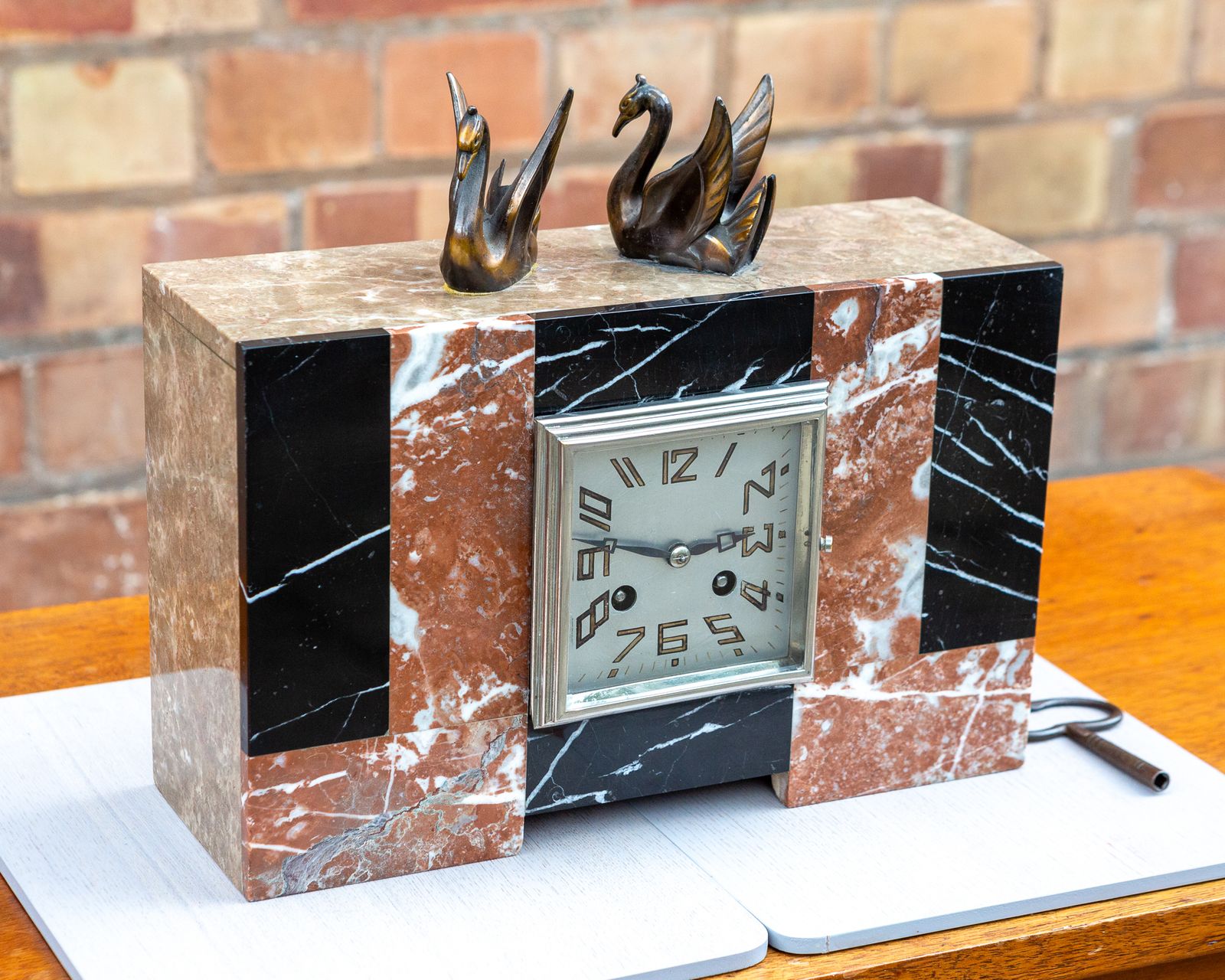 photo furniture Art Deco Marble Mantel Clock French 1930s Bronze Swans Mantle France Chiming