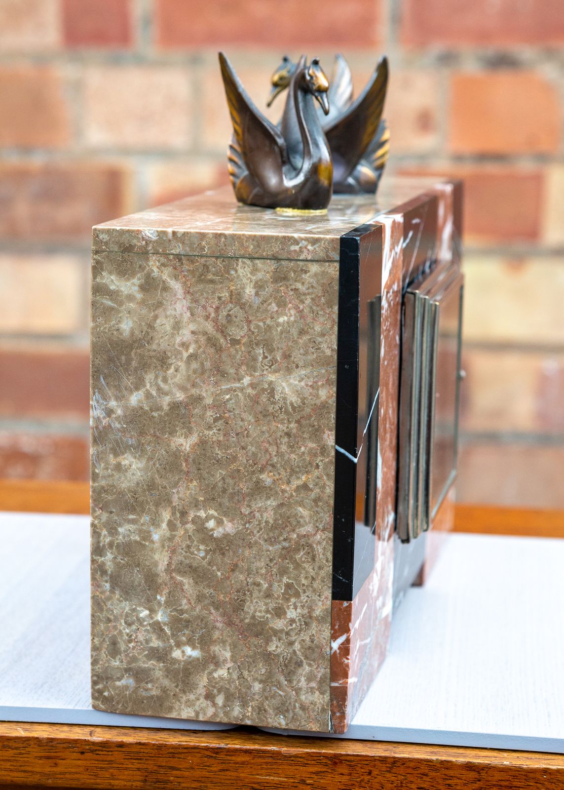 photo for sale Art Deco Marble Mantel Clock French 1930s Bronze Swans Mantle France Chiming