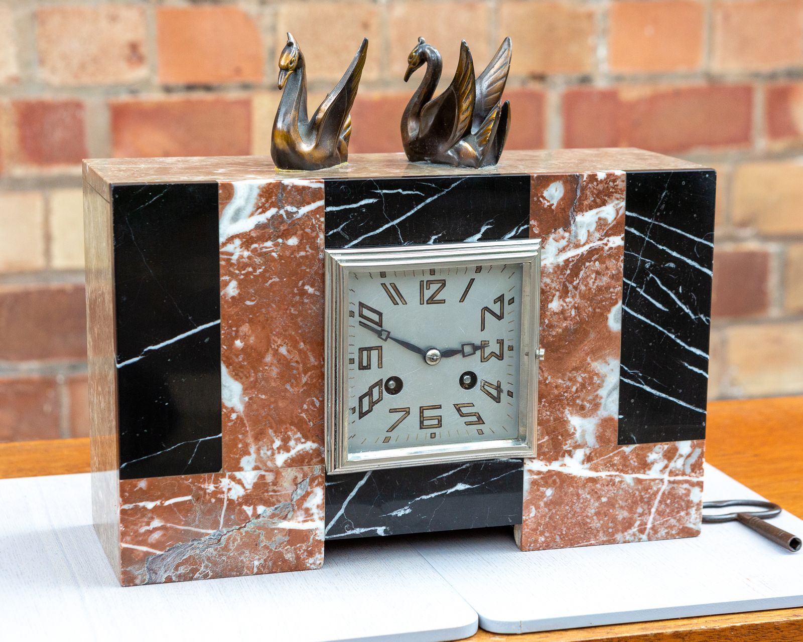 Art Deco Marble Mantel Clock French 1930s Bronze Swans Mantle France Chiming photo furniture