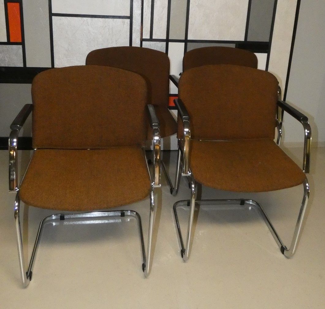 Vintage Italian Dining Armchairs In Wool And Steel, 1970s, Set Of 4 photo for sale