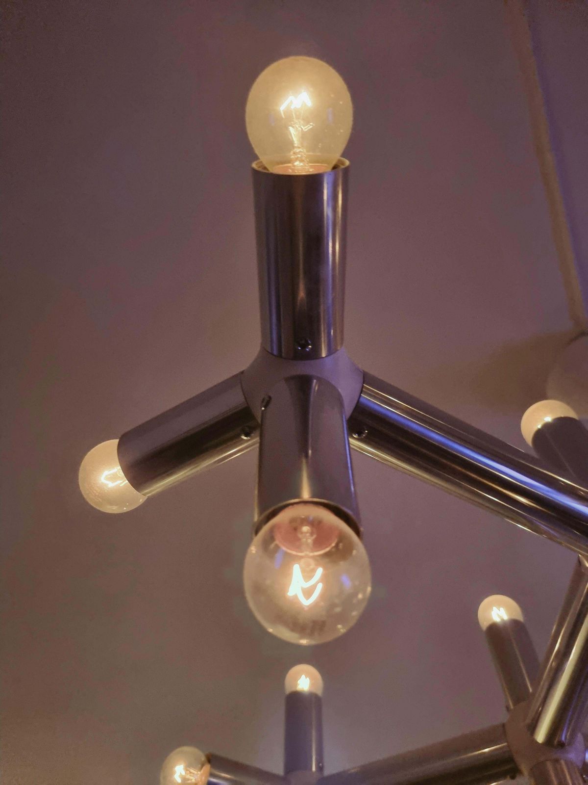 Large Chandelier, Model "Atomic", Midcentury Modern, White Plastic And Aluminium photo for sale