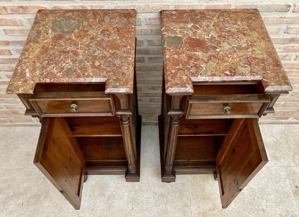 photo for sale Antique Louis XVI Nightstands With Red Marble Top 1890s Set Of 2