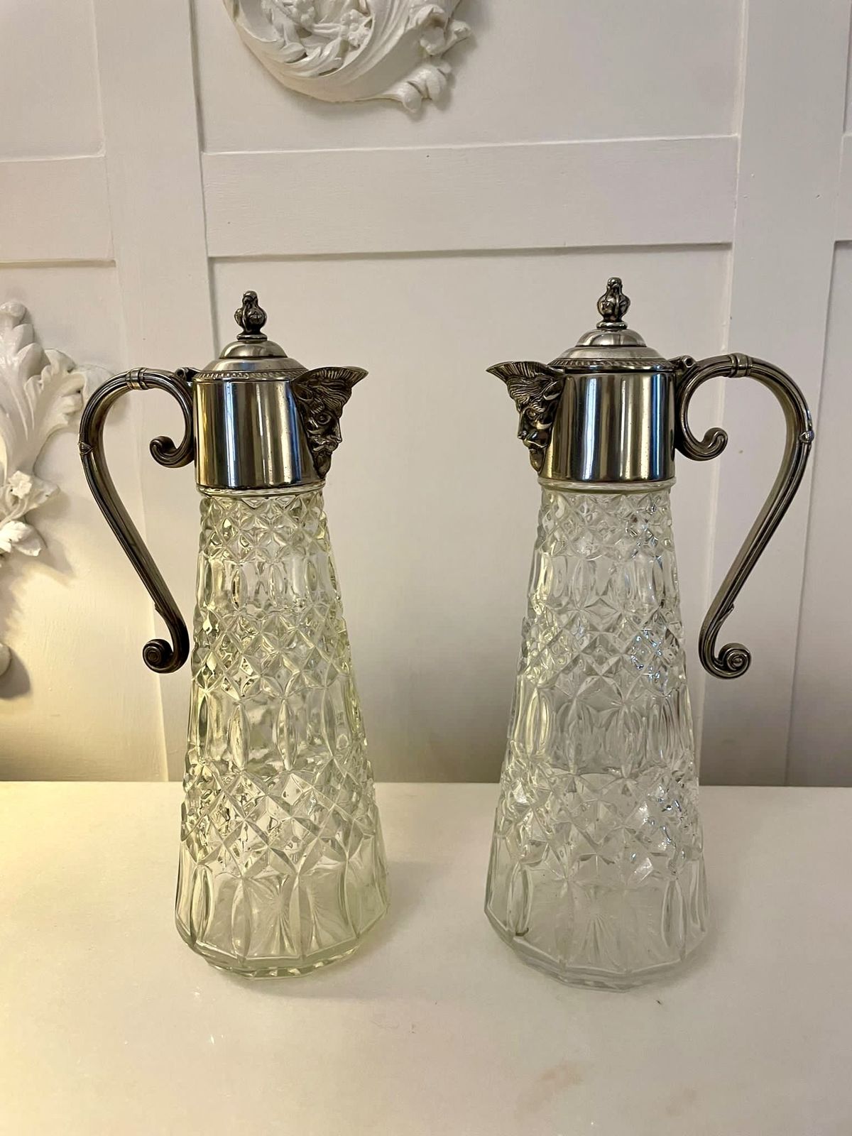 Pair Of Antique Early 20th Century Quality Silver Plated And Cut Glass Claret Jugs