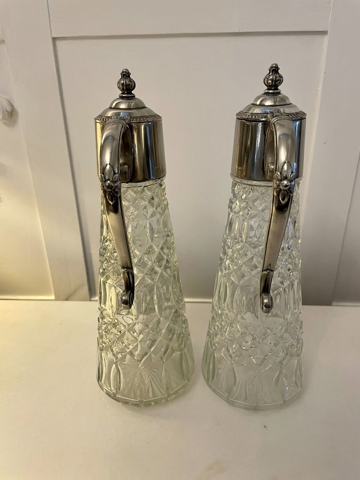 Pair Of Antique Early 20th Century Quality Silver Plated And Cut Glass Claret Jugs photo furniture
