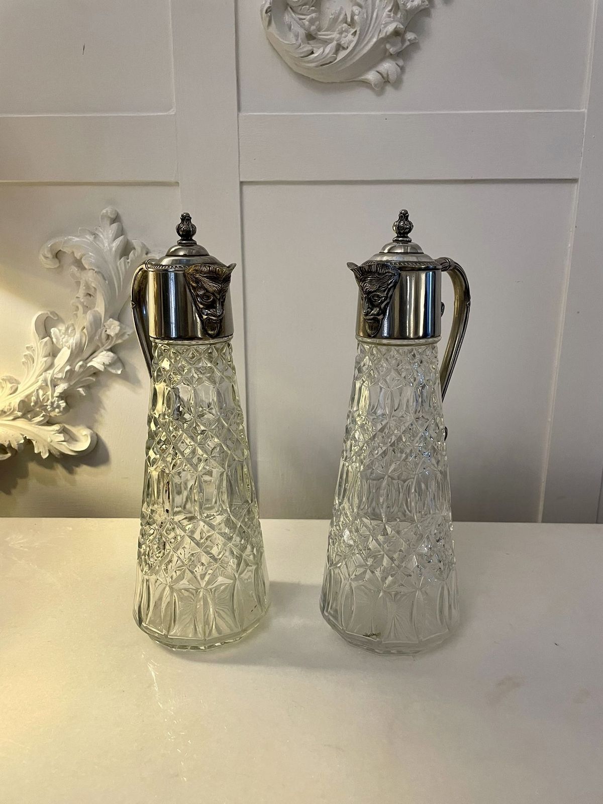 Pair Of Antique Early 20th Century Quality Silver Plated And Cut Glass Claret Jugs photo Home Decor