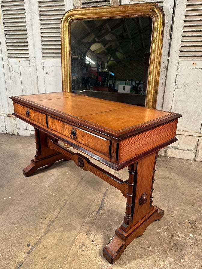 photo for sale Rare Howard And Sons Stunning Quarter Sawn Oak And Baltic Pitch Pine Tooled Leather Aesthetic Movement Writing Desk Console Circa 1870