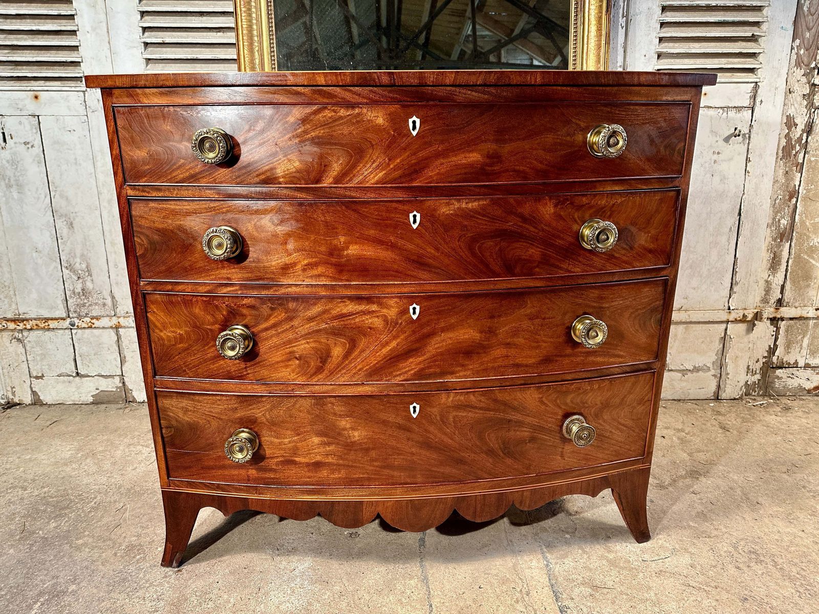 photo for sale A Beautiful Regency Flame Mahogany Bow Front Chest Of Drawers Circa 1830
