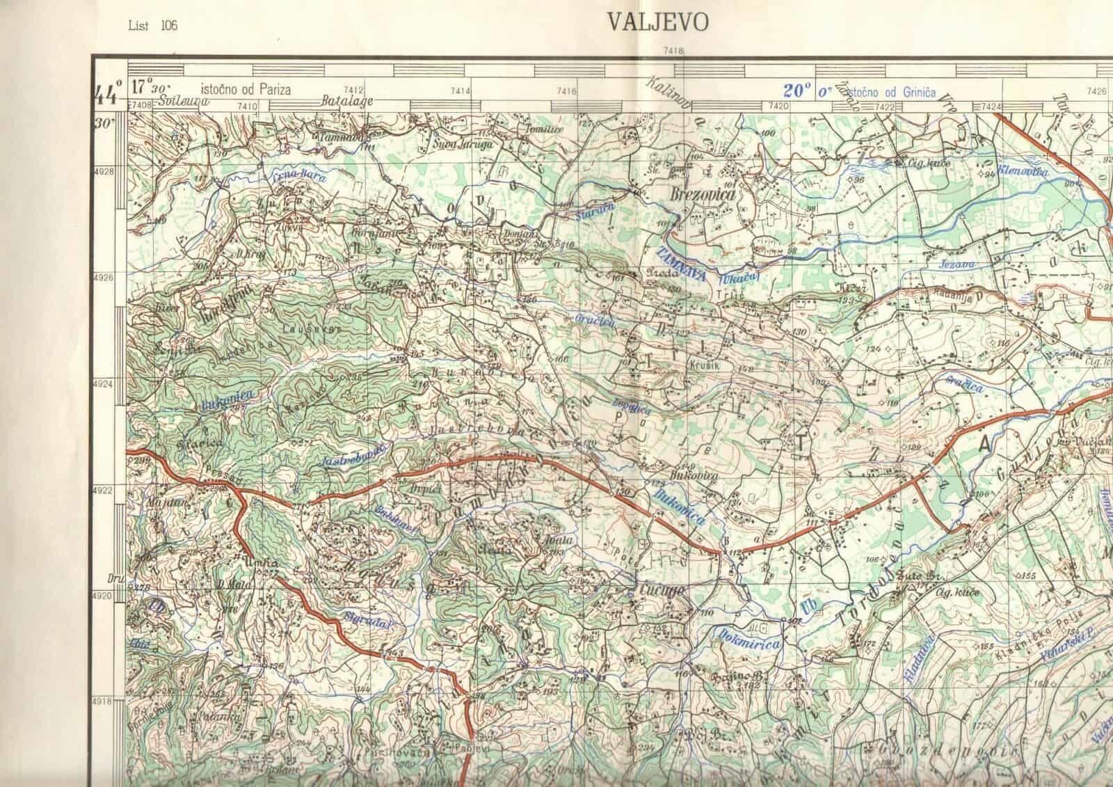 1959 Original Military Topographic Map Valjevo Kolubara Serbia Yugoslavia photo furniture