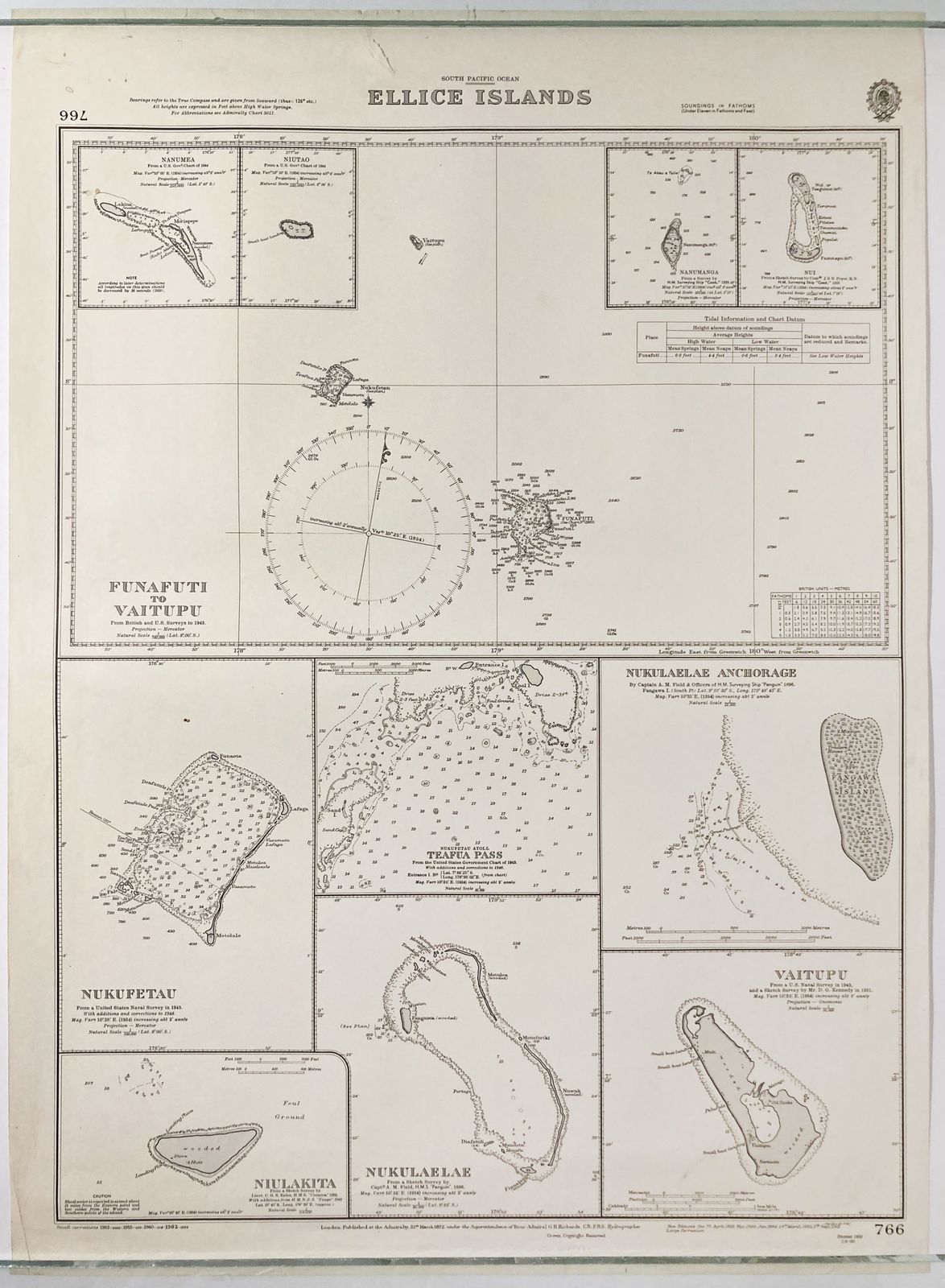 Nautical Chart Ellice Islands South Pacific Ocean Admiralty 1872