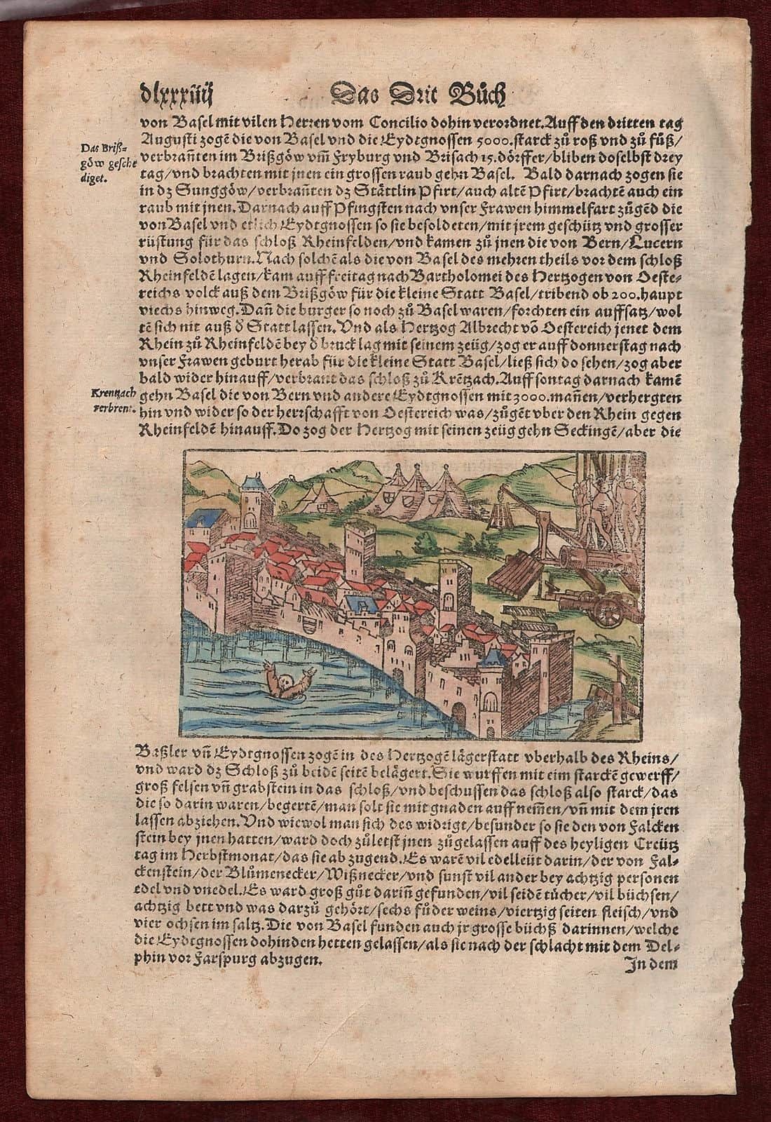 Munster Cosmographia Belagerung Von Bad Kreuznach Woodcut Siege Germany Colored