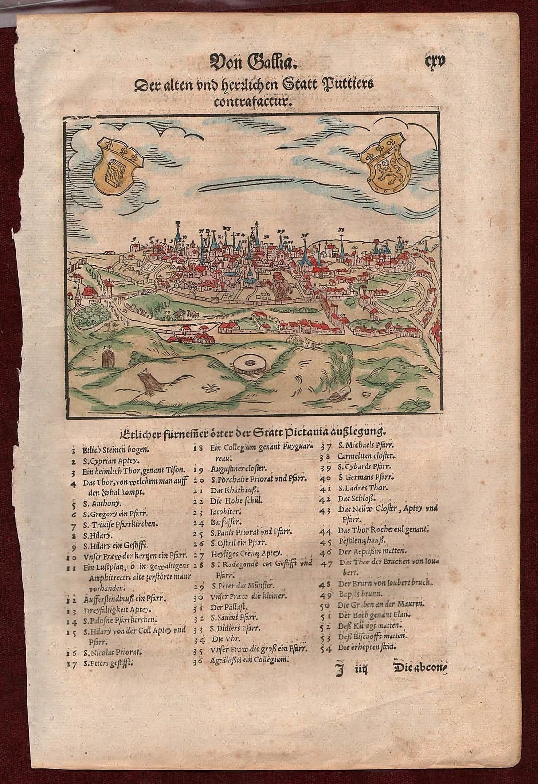Munster Cosmographia Puttiers Poitiers Tours Woodcut Veduta France Colored