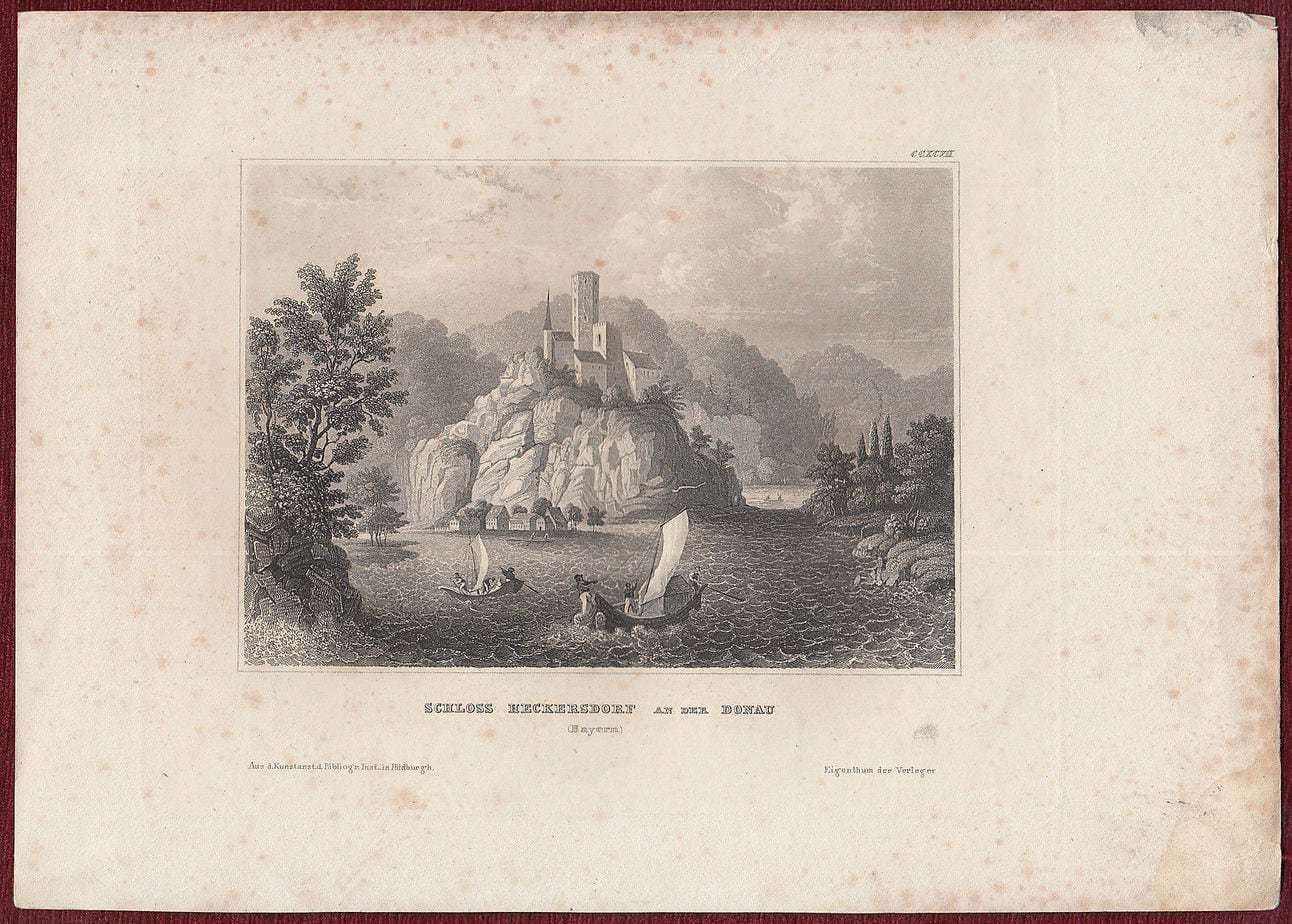 1840 Original Steel Engraving Schloss Herckersdorf Donau Danube Hecker photo furniture