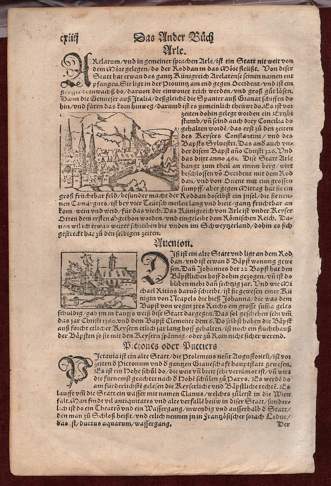 Munster Cosmographia Arles Avignon Woodcut Veduta Antique Print Arle Auenion