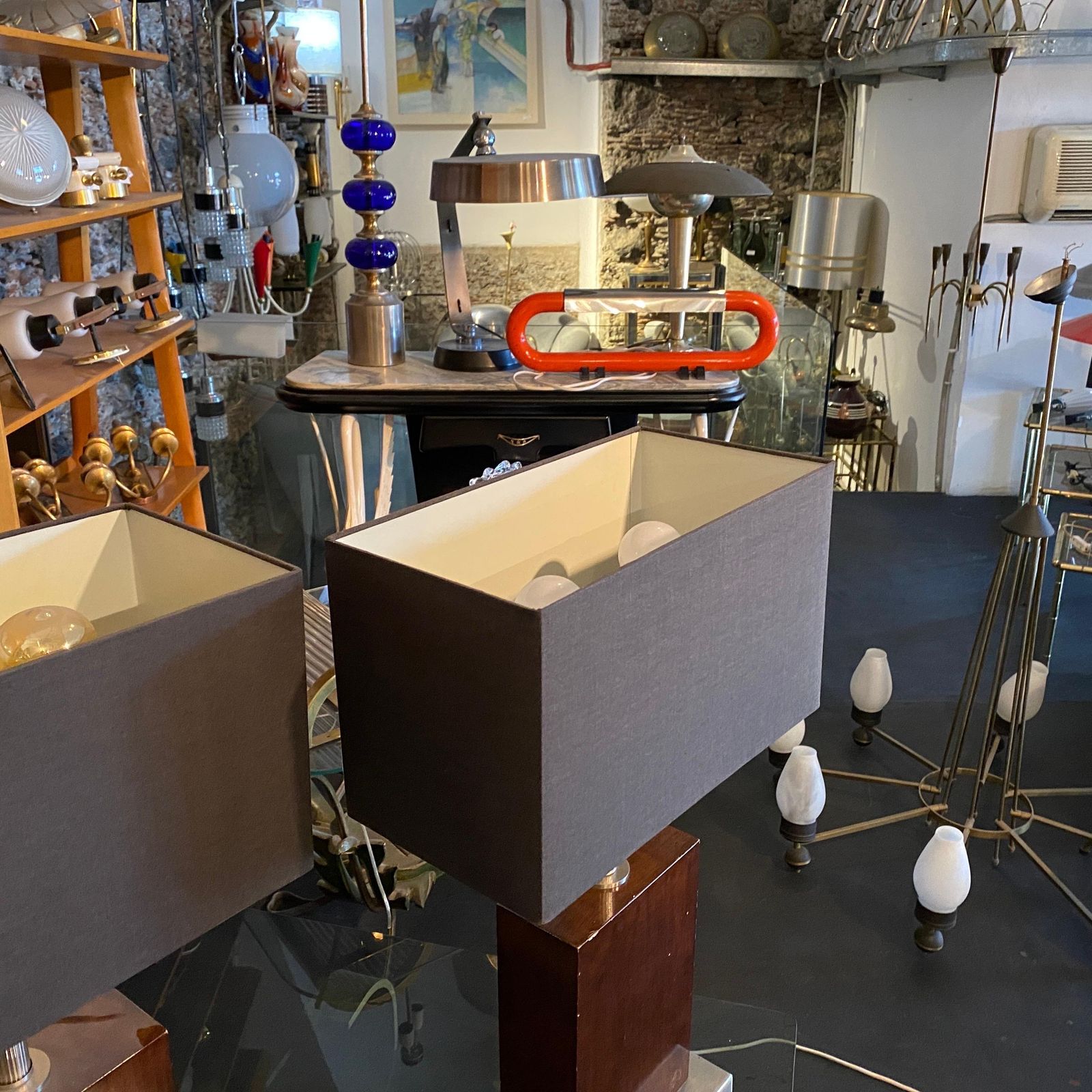 Set Of Two 1980s Modernist Wood And Metal Italian Table Lamps photo vinterior