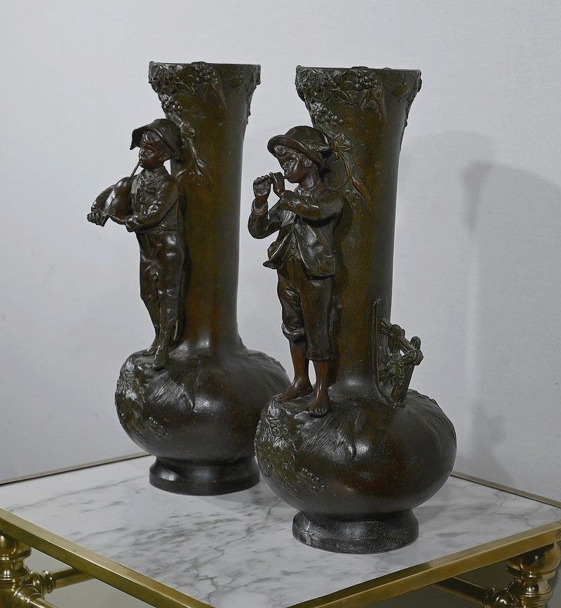 Pair Of Spelter Vases "Musician Children", After A. Moreau   Late 19th Century photo for sale