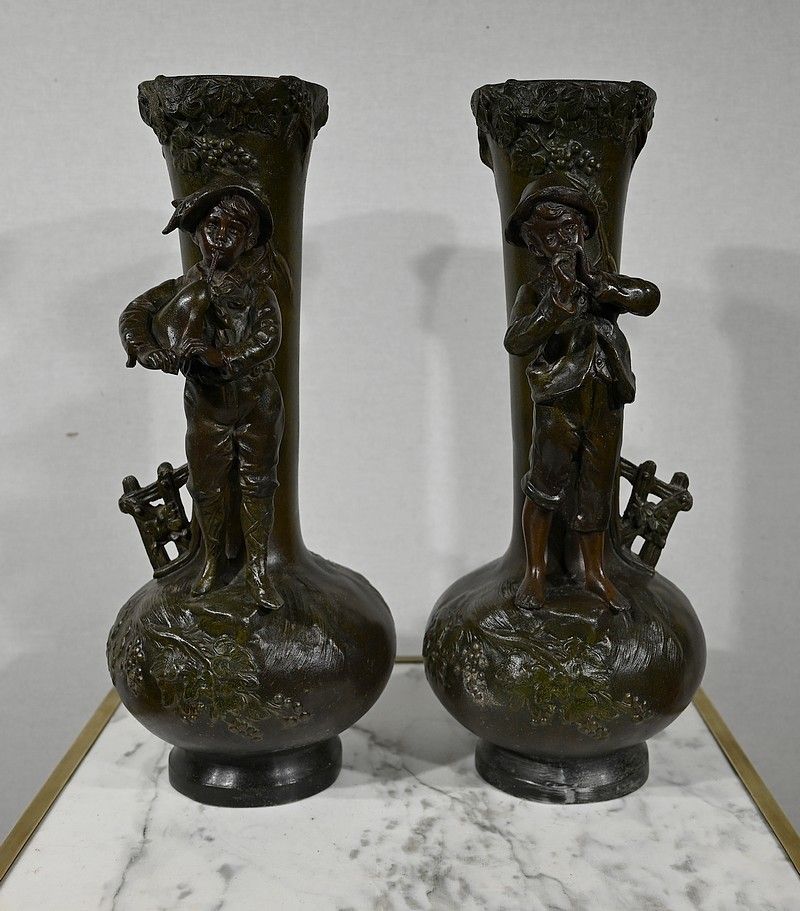 Pair Of Spelter Vases "Musician Children", After A. Moreau   Late 19th Century photo buy