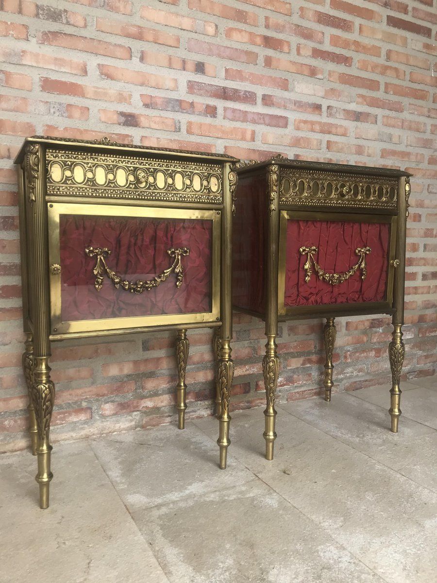 Antique Louis XVI Bronze & Glass Nightstands, Set Of 2 Bedside Tables photo vinterior