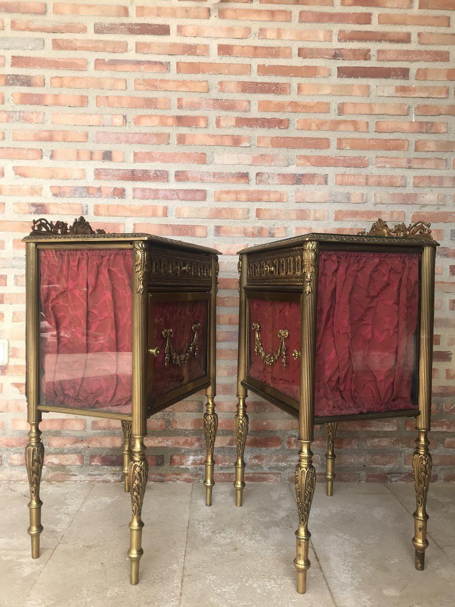 Antique Louis XVI Bronze & Glass Nightstands, Set Of 2 Bedside Tables photo vintage