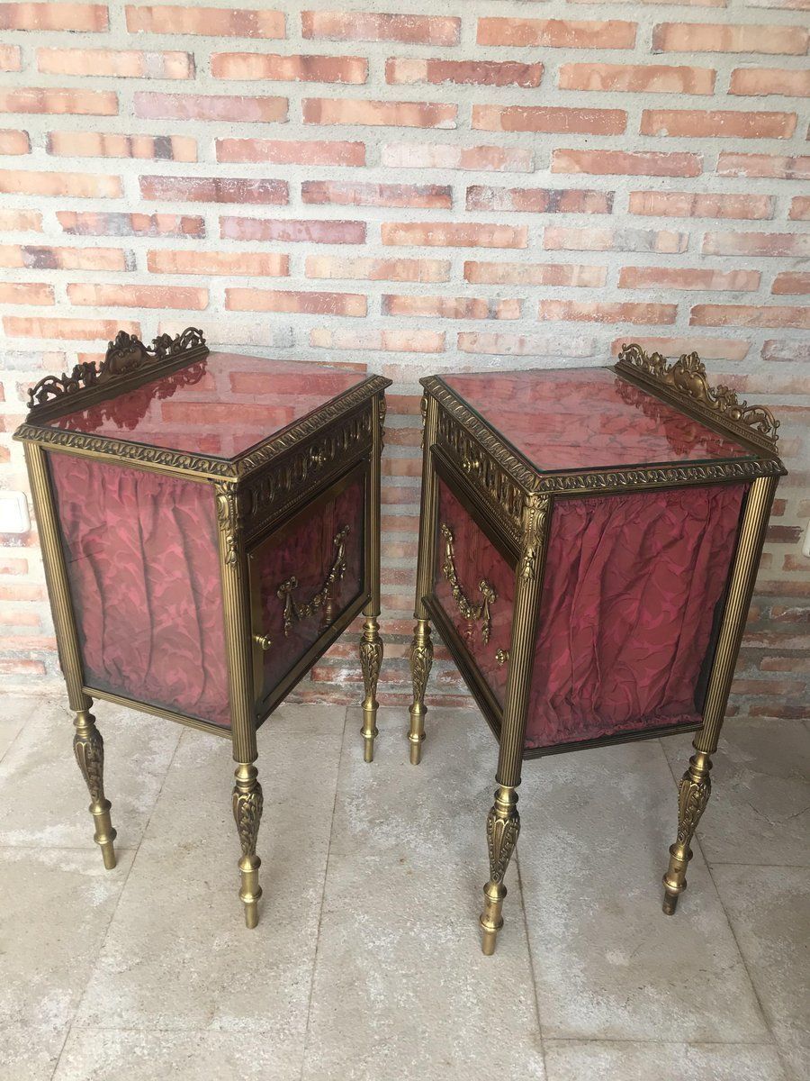 photo furniture Antique Louis XVI Bronze & Glass Nightstands, Set Of 2 Bedside Tables