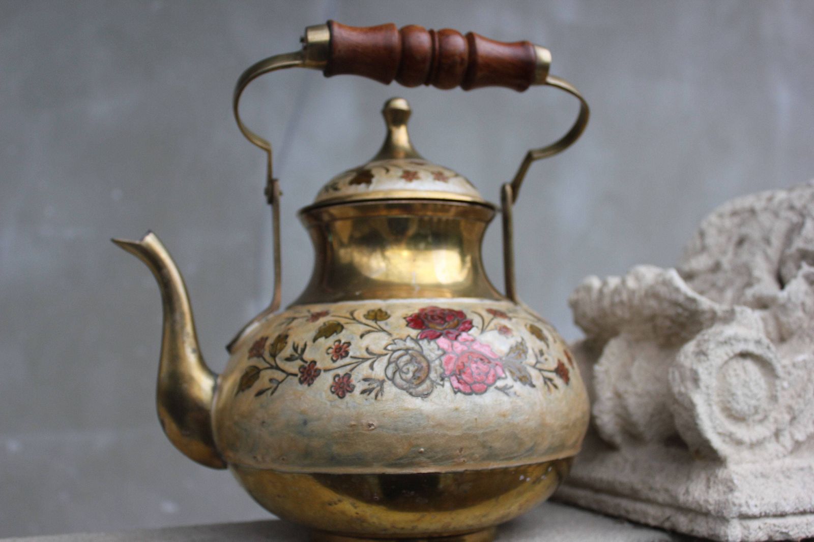 Unique Enamel Brass Teapot, Vintage Kettle With Beautiful Ornate Flowers Classic Shape Rustic Kitchen Decoration