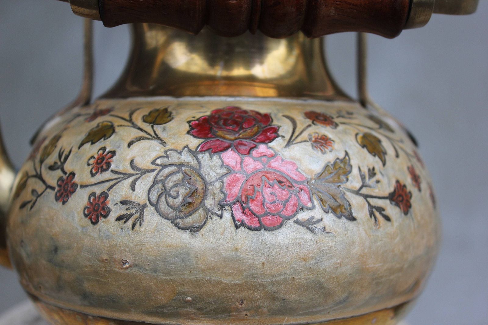 Unique Enamel Brass Teapot, Vintage Kettle With Beautiful Ornate Flowers Classic Shape Rustic Kitchen Decoration photo for sale
