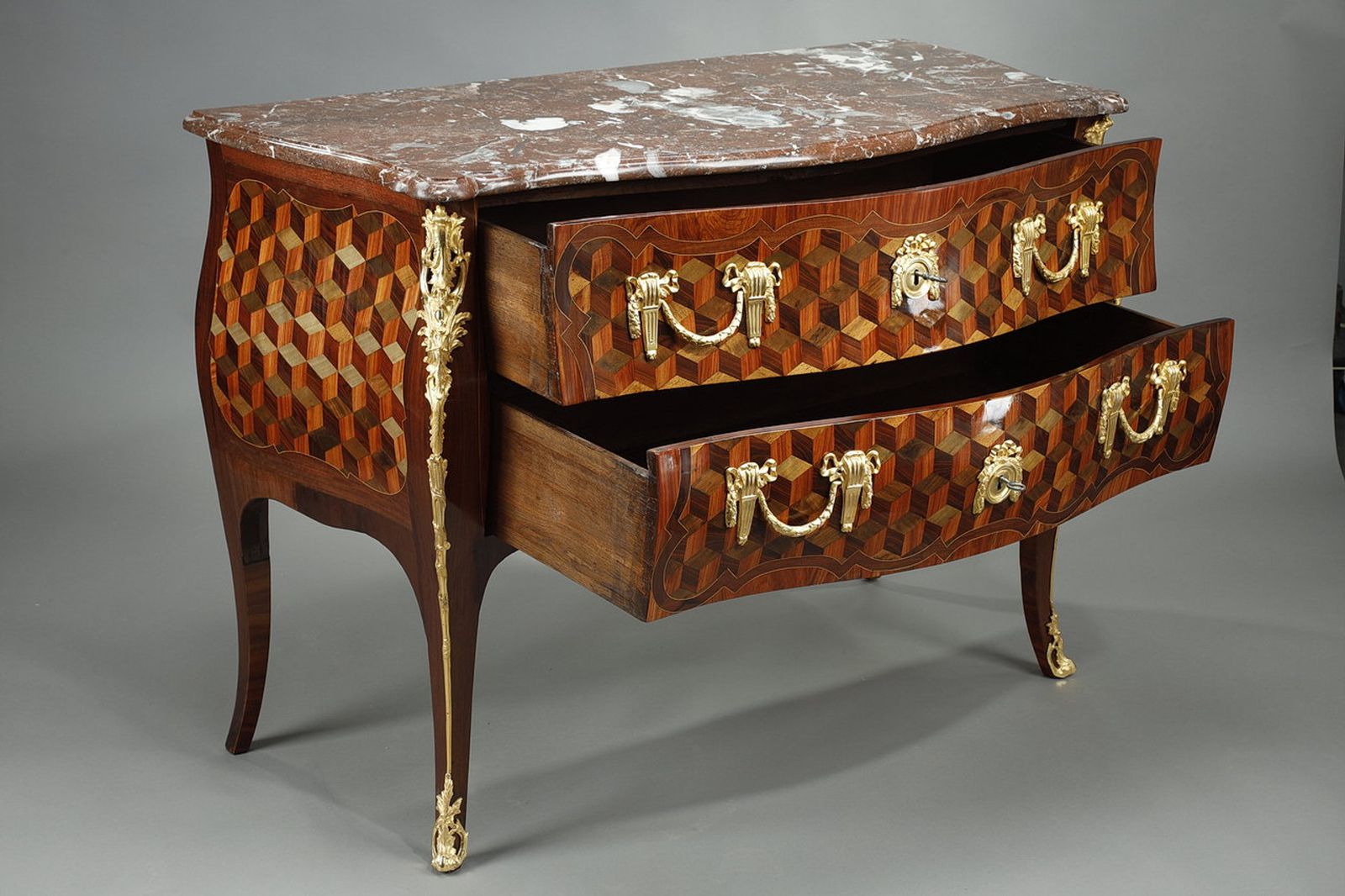Chest Of Drawers In Rosewood Veneer With Oeben Marquetry, Louis XV Period photo for sale