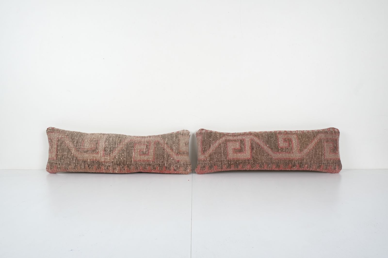 Set Of Two Turkish Oushak Rug Pillow, Pair Pillow Case Fashioned From A Mid 20th Century Anatolian 8'' X 24''