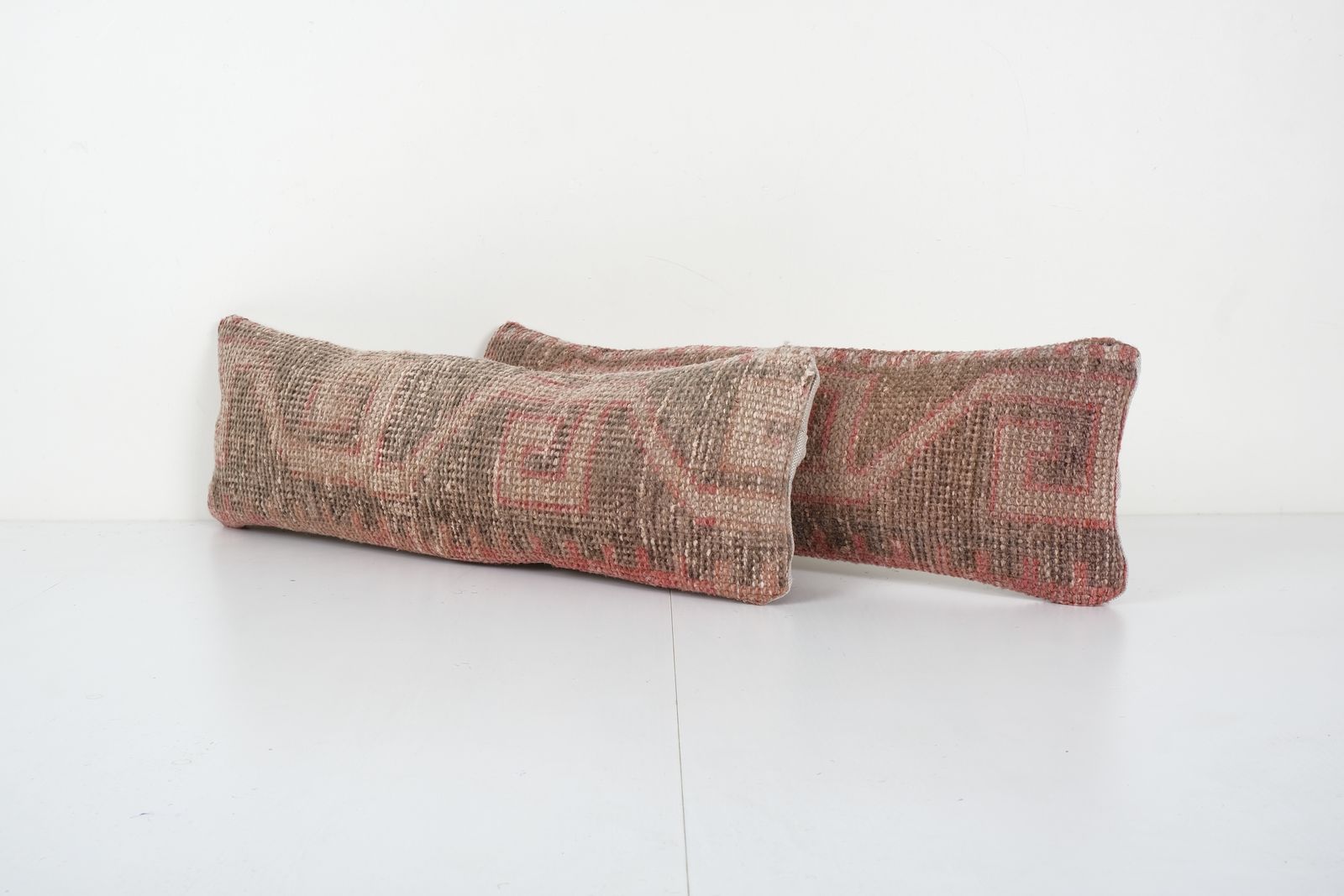 Set Of Two Turkish Oushak Rug Pillow, Pair Pillow Case Fashioned From A Mid 20th Century Anatolian 8'' X 24'' photo Textiles