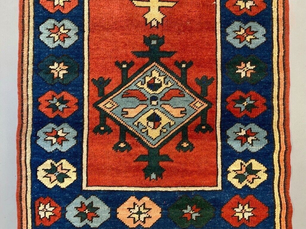 Vintage Turkish Runner 300x83 Cm Kazak Rug, Terracotta Red, Green, Beige Blue photo for sale