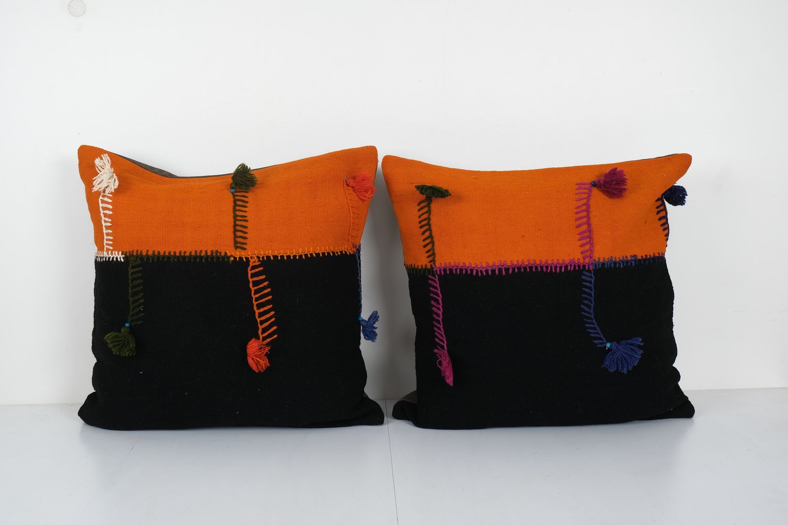 Set Of Two Turkish Kilim Pillow Cover, Rustic Anatolian House Decor, Matching Wool Perde Cushion Cover 24'' X 24''