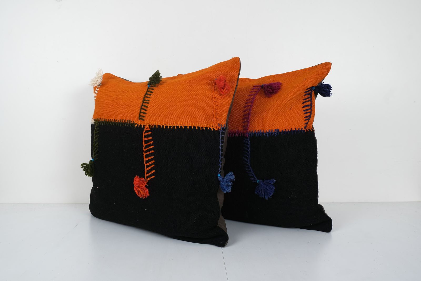 Set Of Two Turkish Kilim Pillow Cover, Rustic Anatolian House Decor, Matching Wool Perde Cushion Cover 24'' X 24'' photo for sale