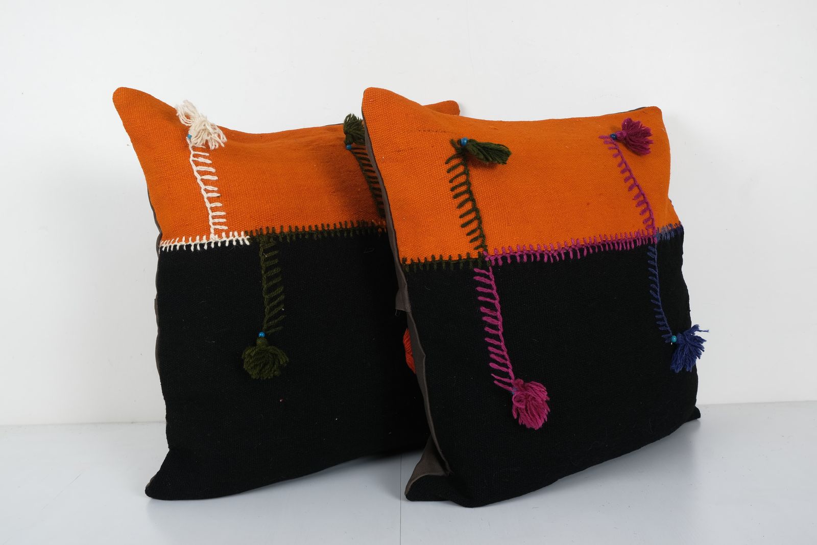 Set Of Two Turkish Kilim Pillow Cover, Rustic Anatolian House Decor, Matching Wool Perde Cushion Cover 24'' X 24'' photo Textiles