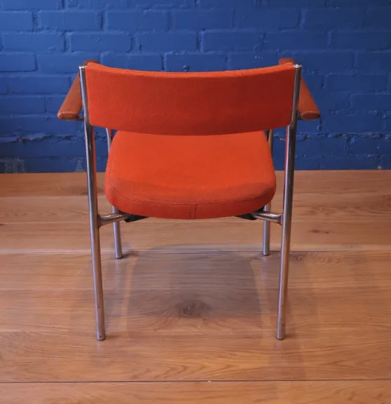 A Pair Of Mid Century Chrome & Beech Open Frame Armchairs With Vibrant Orange Upholstery 1960's Ol photo for sale