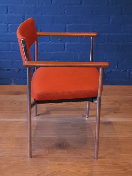 A Pair Of Mid Century Chrome & Beech Open Frame Armchairs With Vibrant Orange Upholstery 1960's Ol photo Furniture