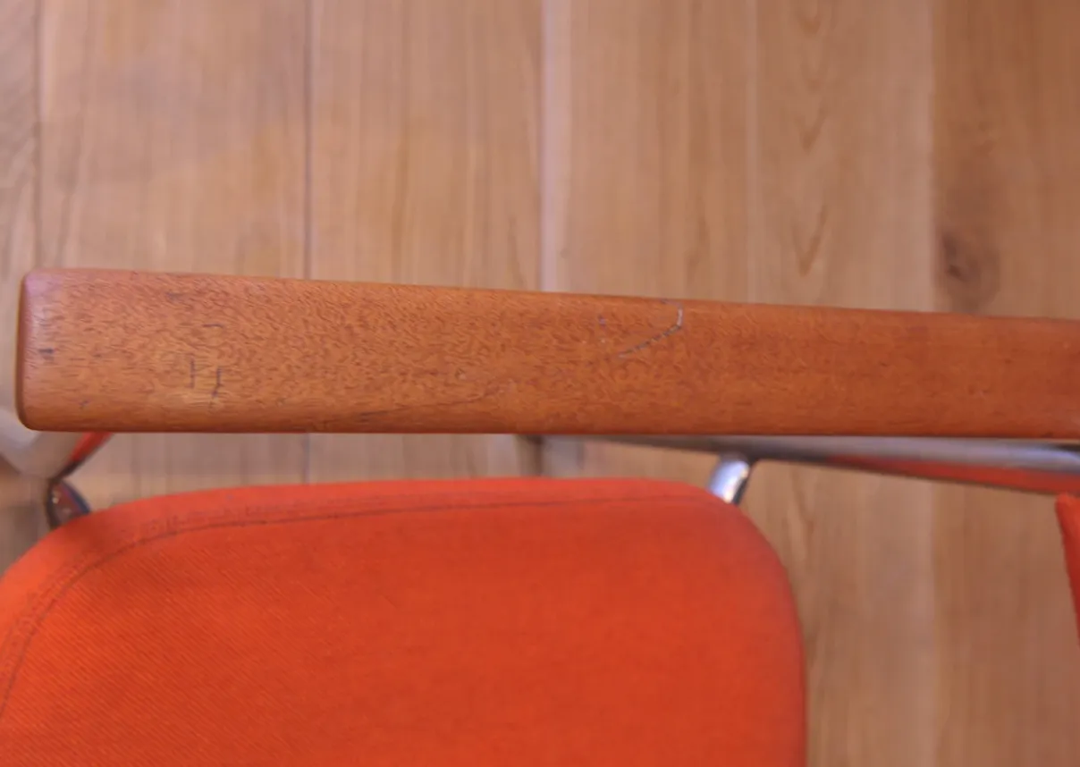 A Pair Of Mid Century Chrome & Beech Open Frame Armchairs With Vibrant Orange Upholstery 1960's Ol photo vinterior