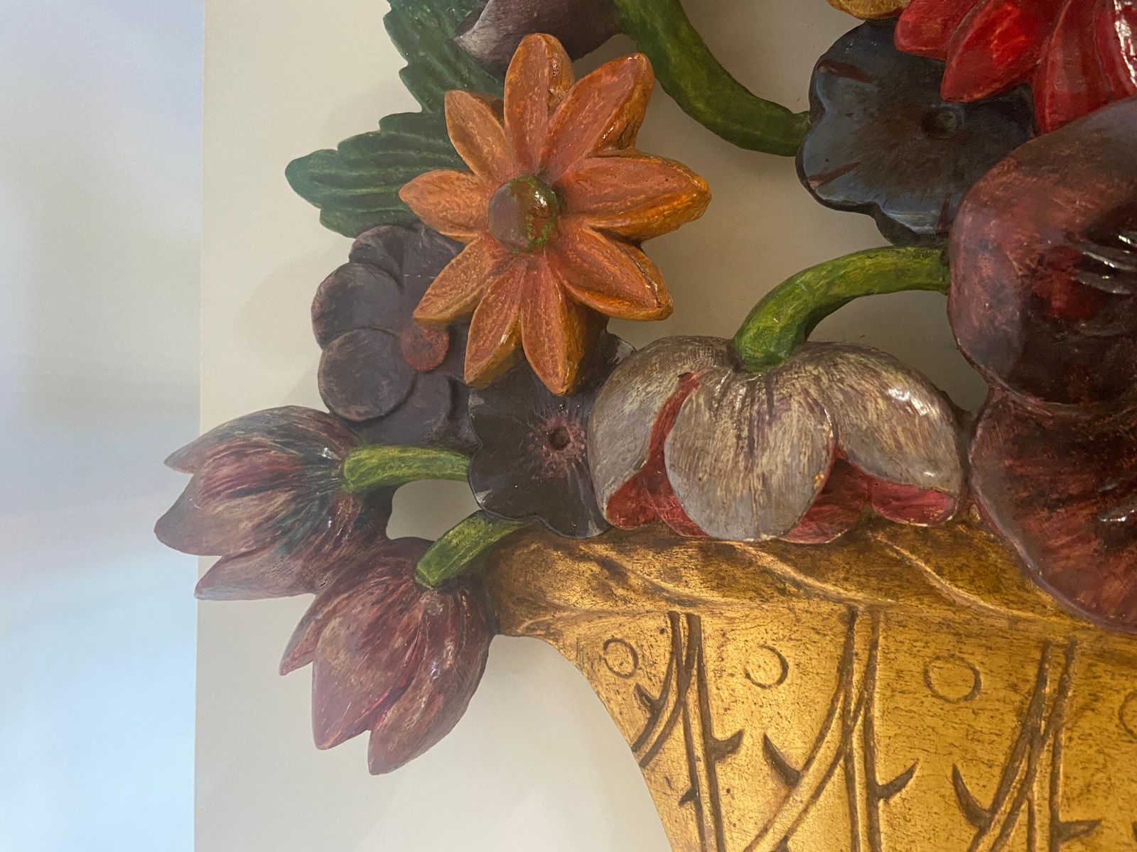 An English 1930s Carved Floral Basket Wall Appliqué Or Wall Hanging photo Art