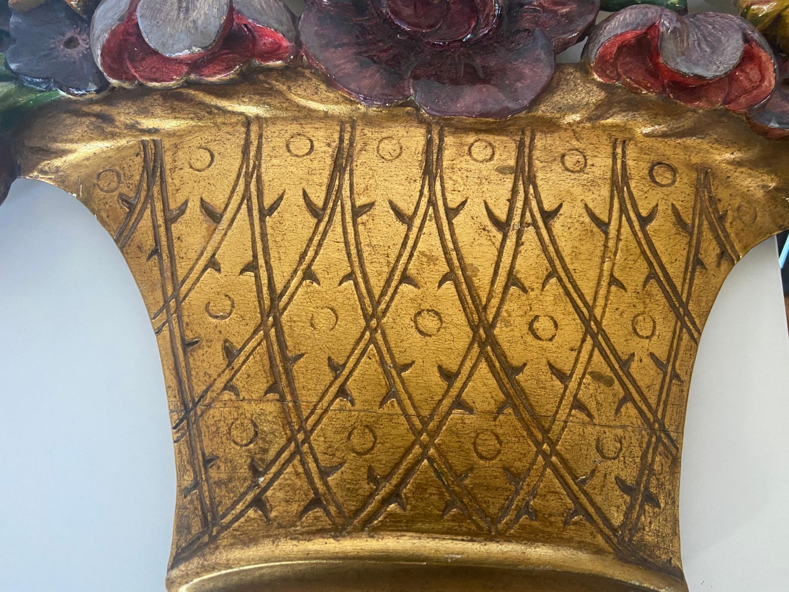 An English 1930s Carved Floral Basket Wall Appliqué Or Wall Hanging photo 685.0