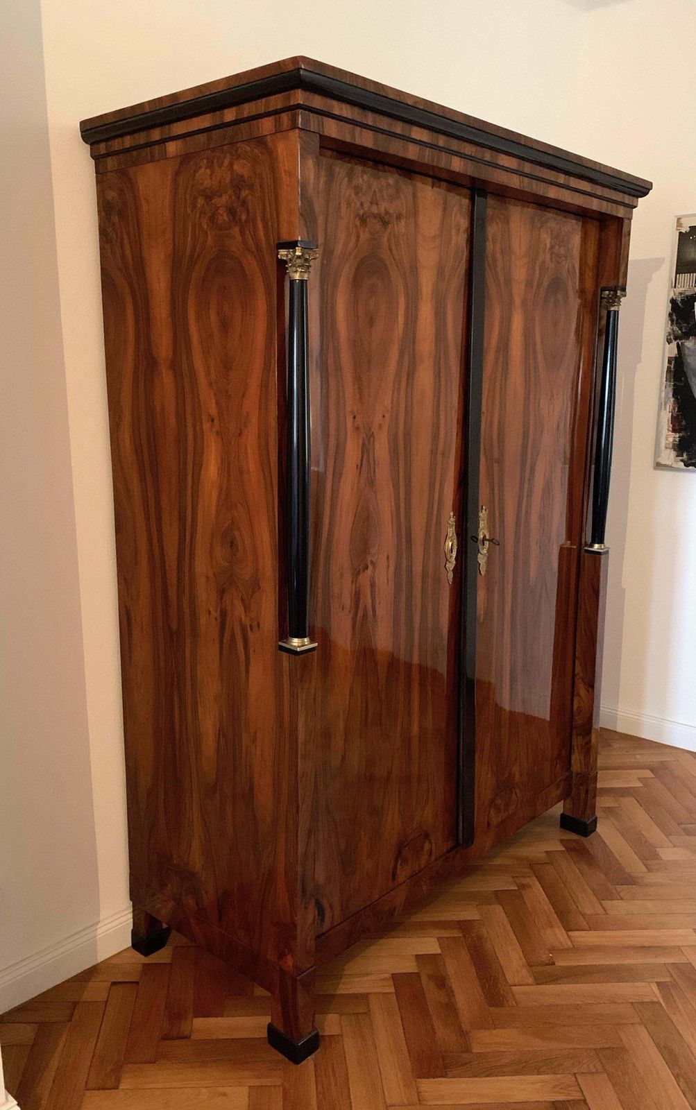 Neoclassical Empire Armoire, Walnut Veneer, Brass, Austria/Vienna, Circa 1810 15 photo for sale