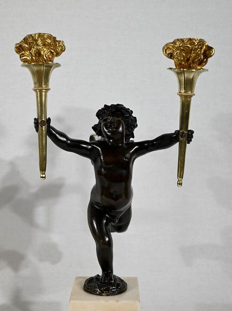 photo vinterior Pair Of Bronze And Marble Candlesticks   1st Part Of The 19th Century