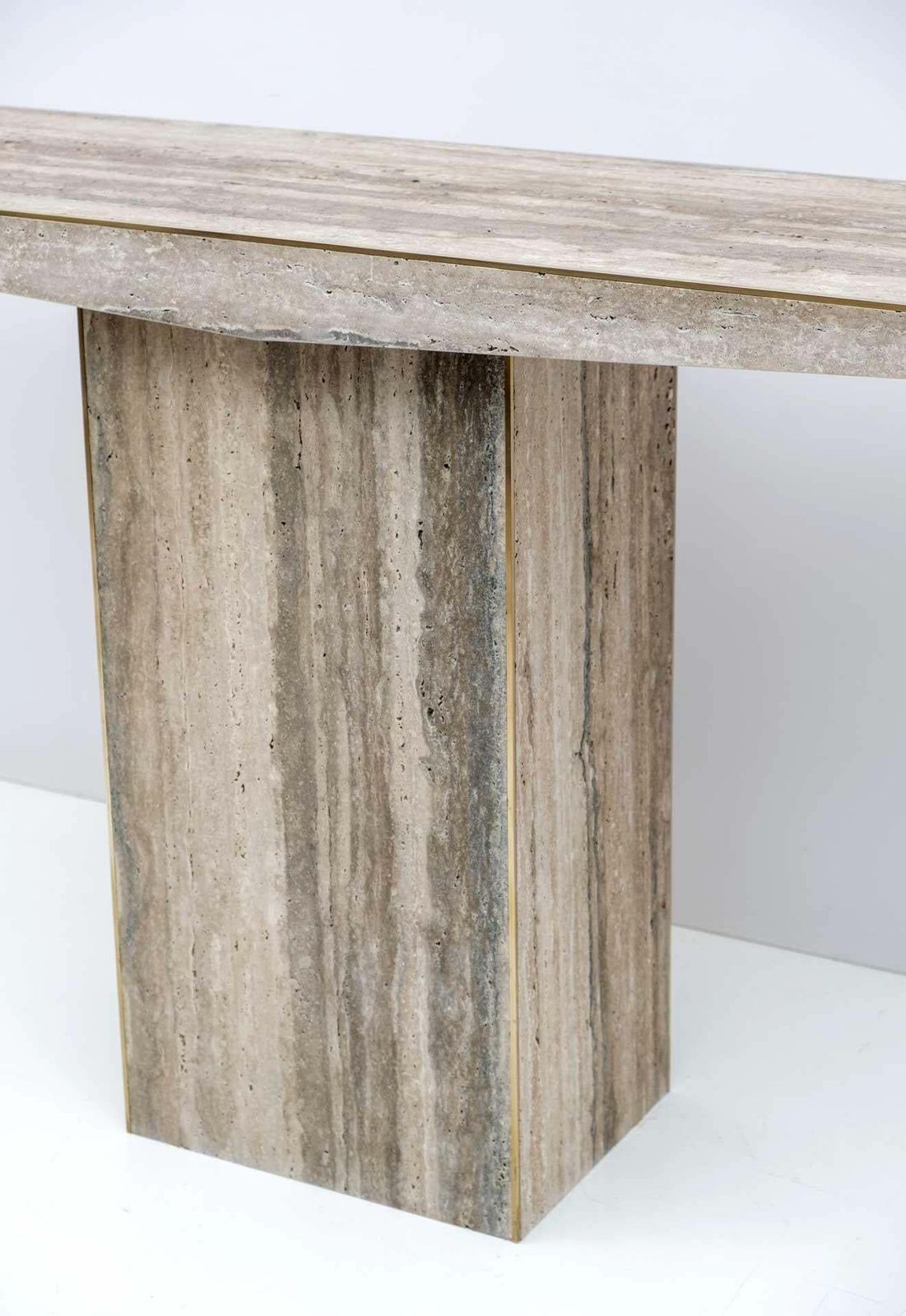 Pair Of Mid Century Italian Unfilled Travertine And Brass Inlay Console Tables photo 5702.0