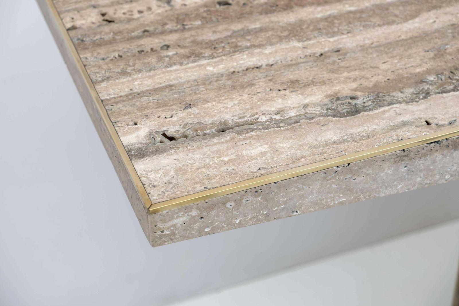 Pair Of Mid Century Italian Unfilled Travertine And Brass Inlay Console Tables photo vinterior