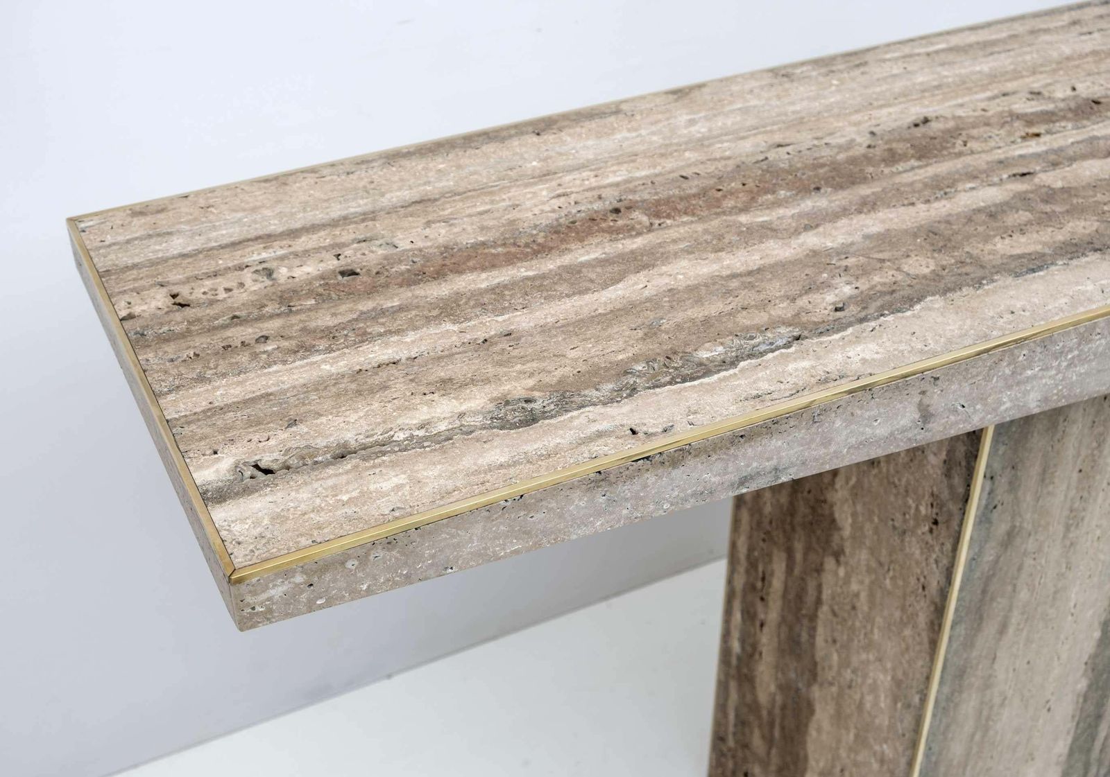 Pair Of Mid Century Italian Unfilled Travertine And Brass Inlay Console Tables photo buy