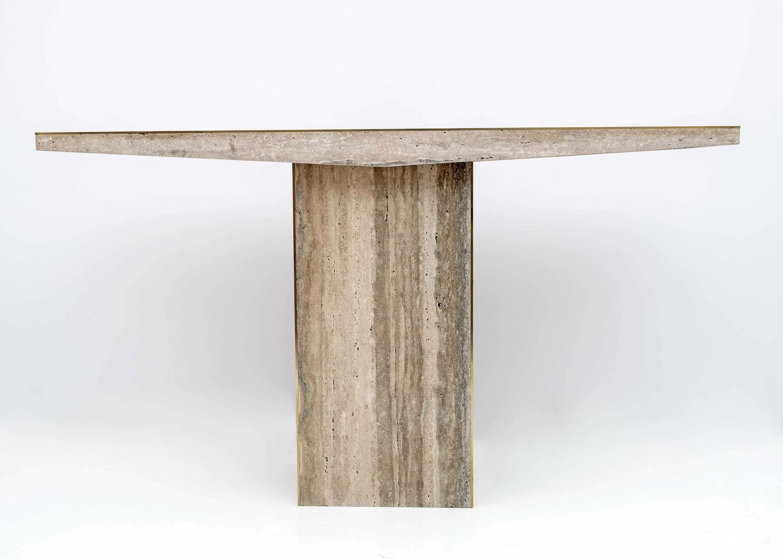photo for sale Pair Of Mid Century Italian Unfilled Travertine And Brass Inlay Console Tables
