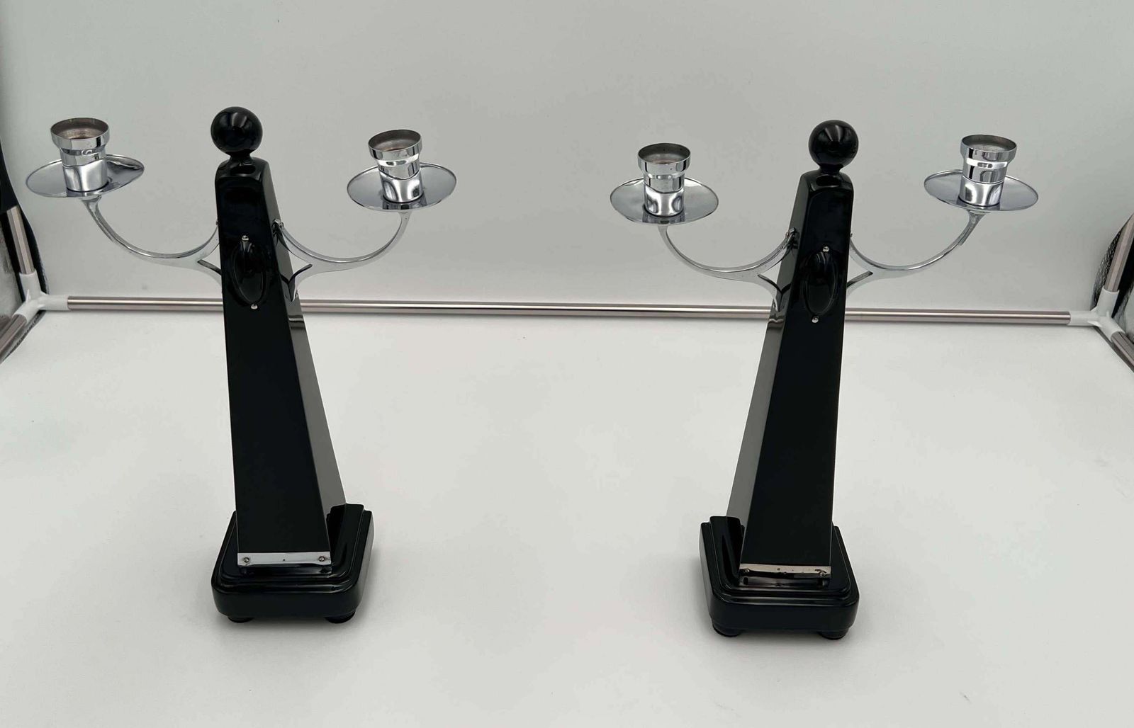 Pair Of Art Deco Candlesticks, Black Lacquer, Oak, Nickel, Netherlands C. 1930 photo for sale