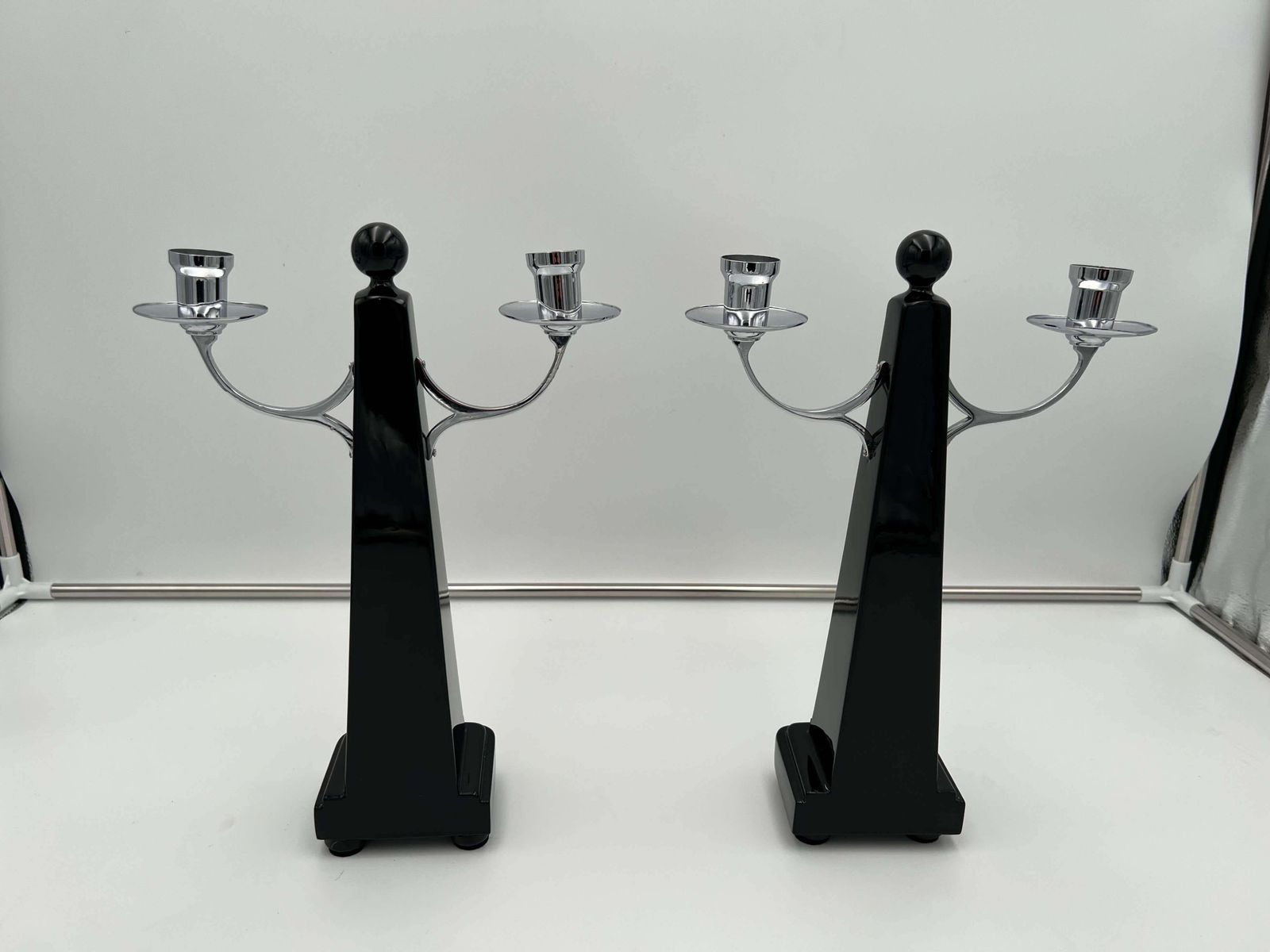 Pair Of Art Deco Candlesticks, Black Lacquer, Oak, Nickel, Netherlands C. 1930 photo buy