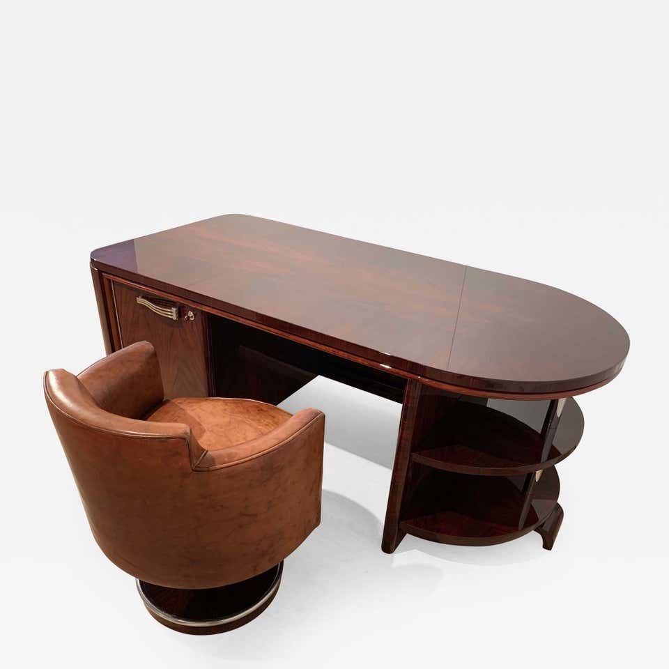 Art Deco Executive Desk And Leather Swivel Chair, Rosewood Veneer, France, 1930s