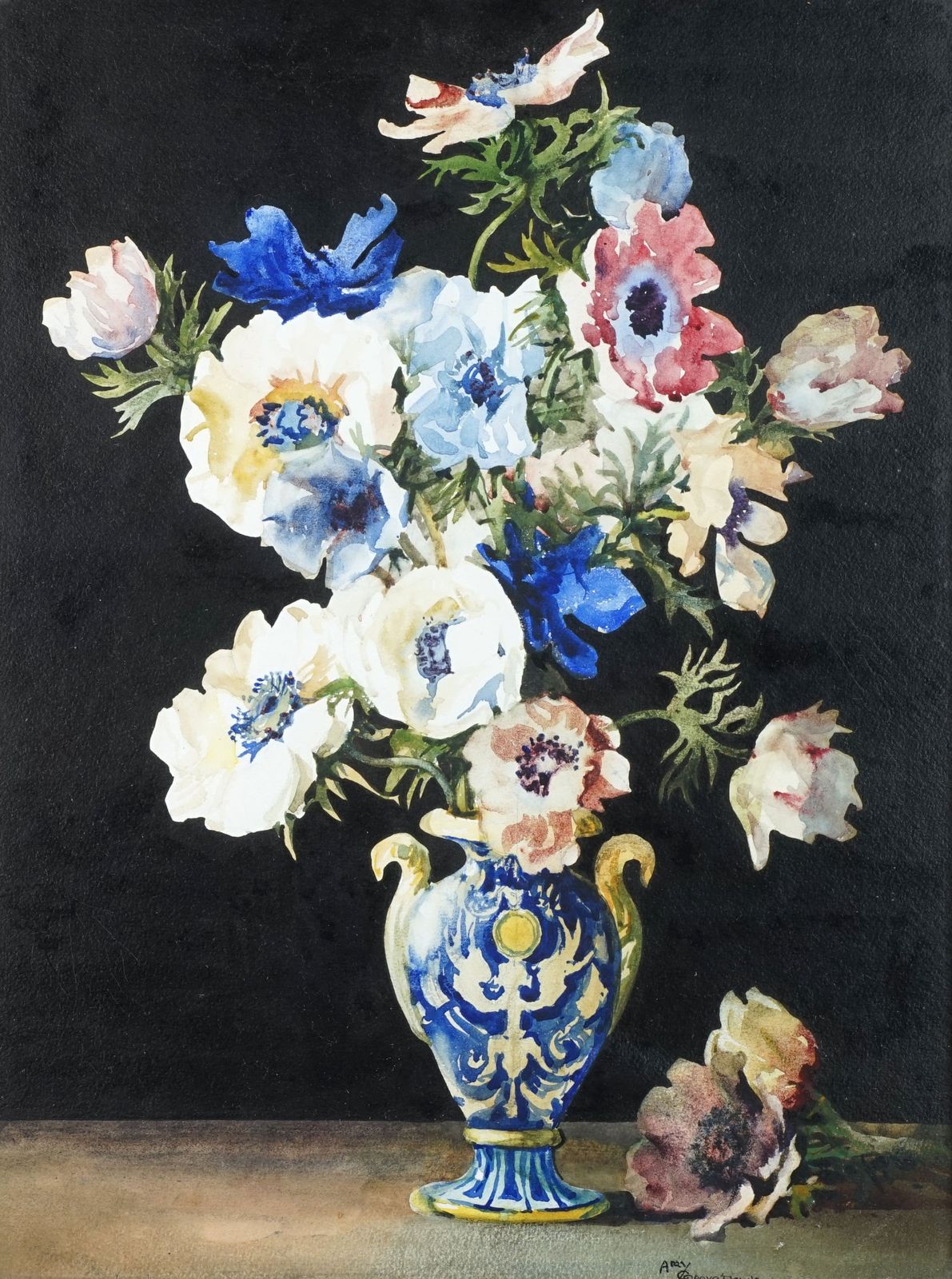 Still Life Of Anemones In Vase, Watercolour And Gouache By Amy Reeve Fowkes
