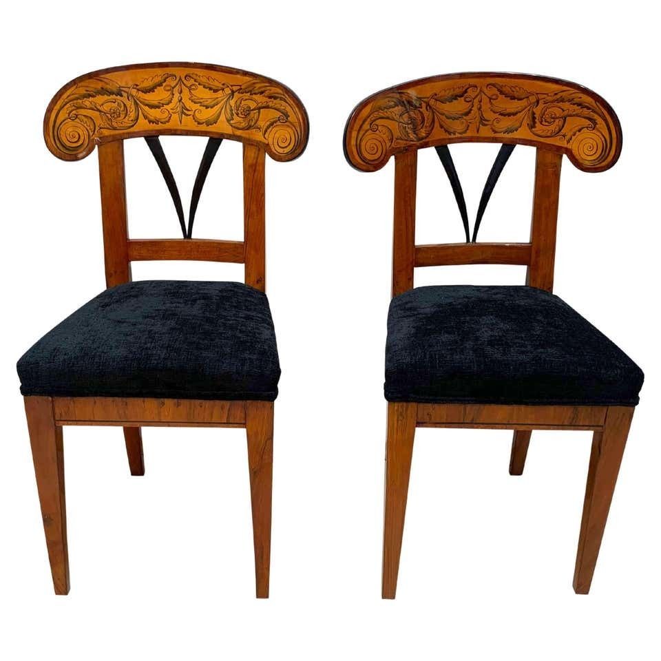 Pair Of Biedermeier Shovel Chairs Walnut, Ink Painting South Germany Ca. 1830