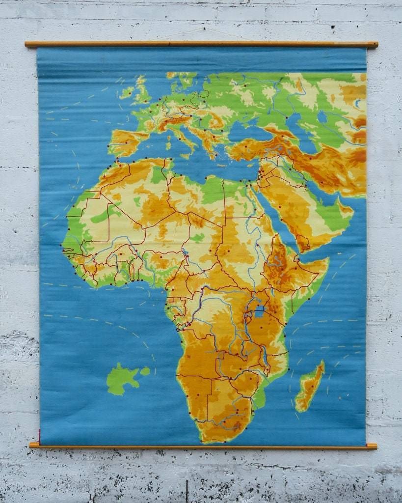 photo furniture Original Huge Large Vintage Mid Century Double Sided German Educational School Wall Chart Africa African Continent Map Beautiful